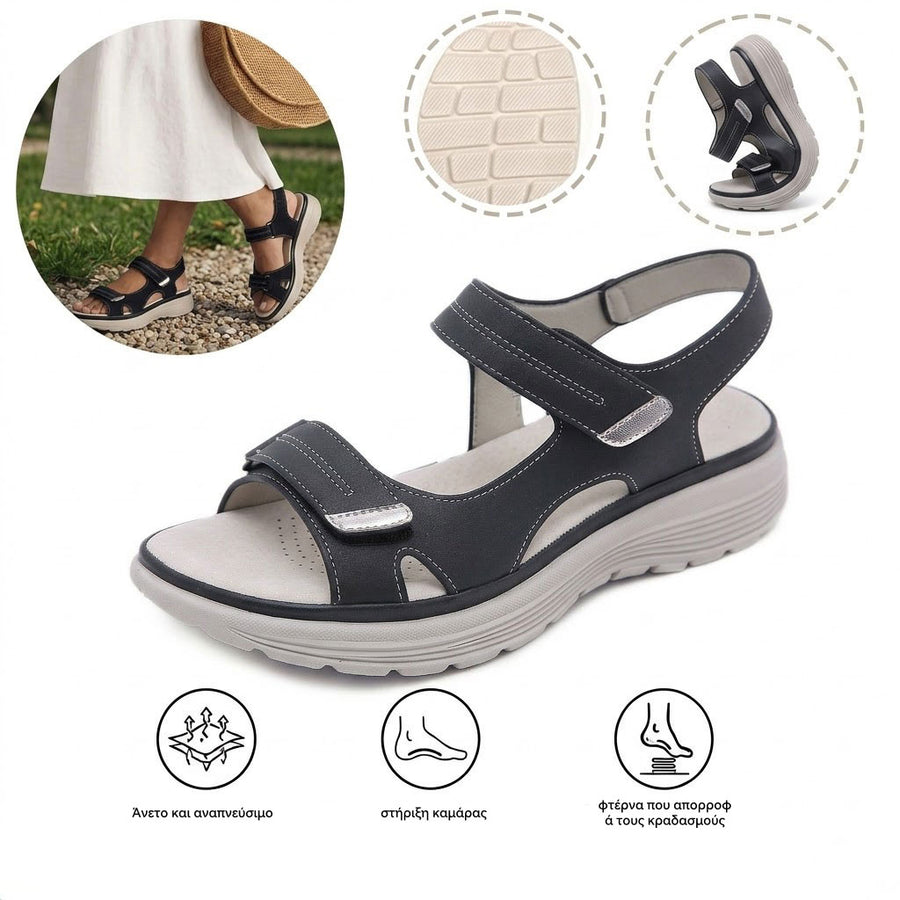 Άνετα ορθοπεδικά σανδάλια — εργονομική στήριξη της καμάρας του ποδιού, ρυθμιζόμενο πλάτος, κολακεύουν το σχήμα των ποδιών.