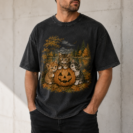 Vintage Halloween Kittens & Pumpkin Graphic Tee