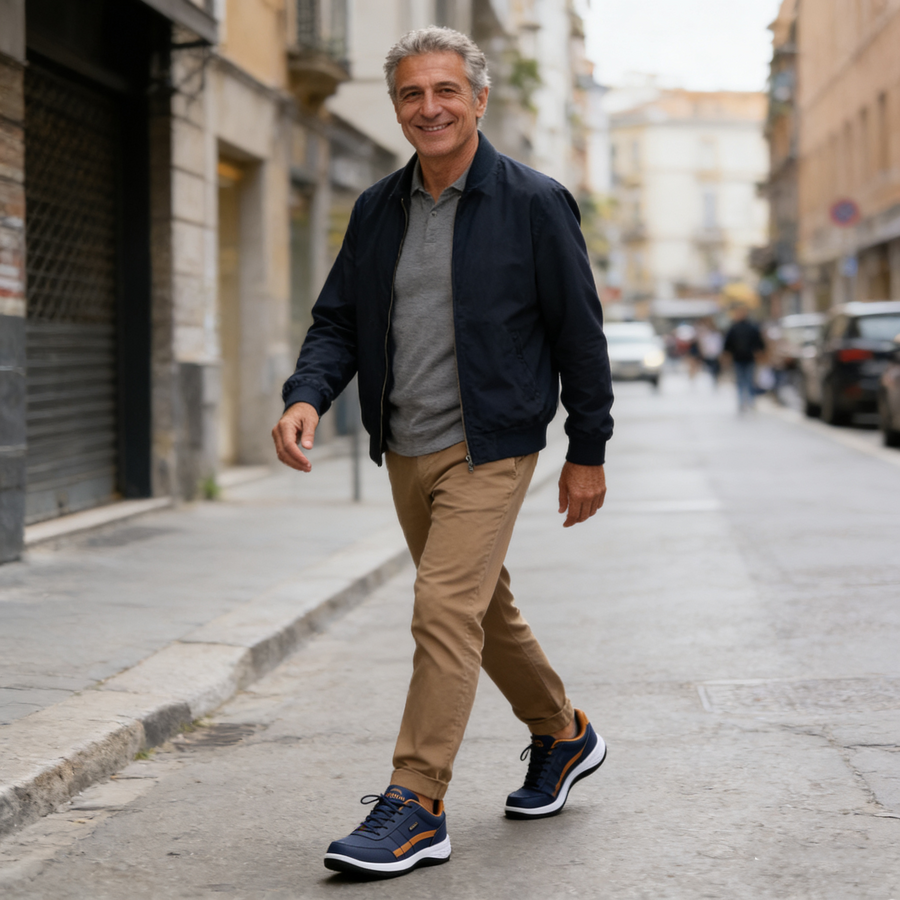 Άνετα ορθοπεδικά παπούτσια — με στήριξη καμάρας, για ανακούφιση από τον πόνο· ελαφριά, με απορρόφηση κραδασμών και αδιάβροχο δερμάτινο επάνω μέρος.