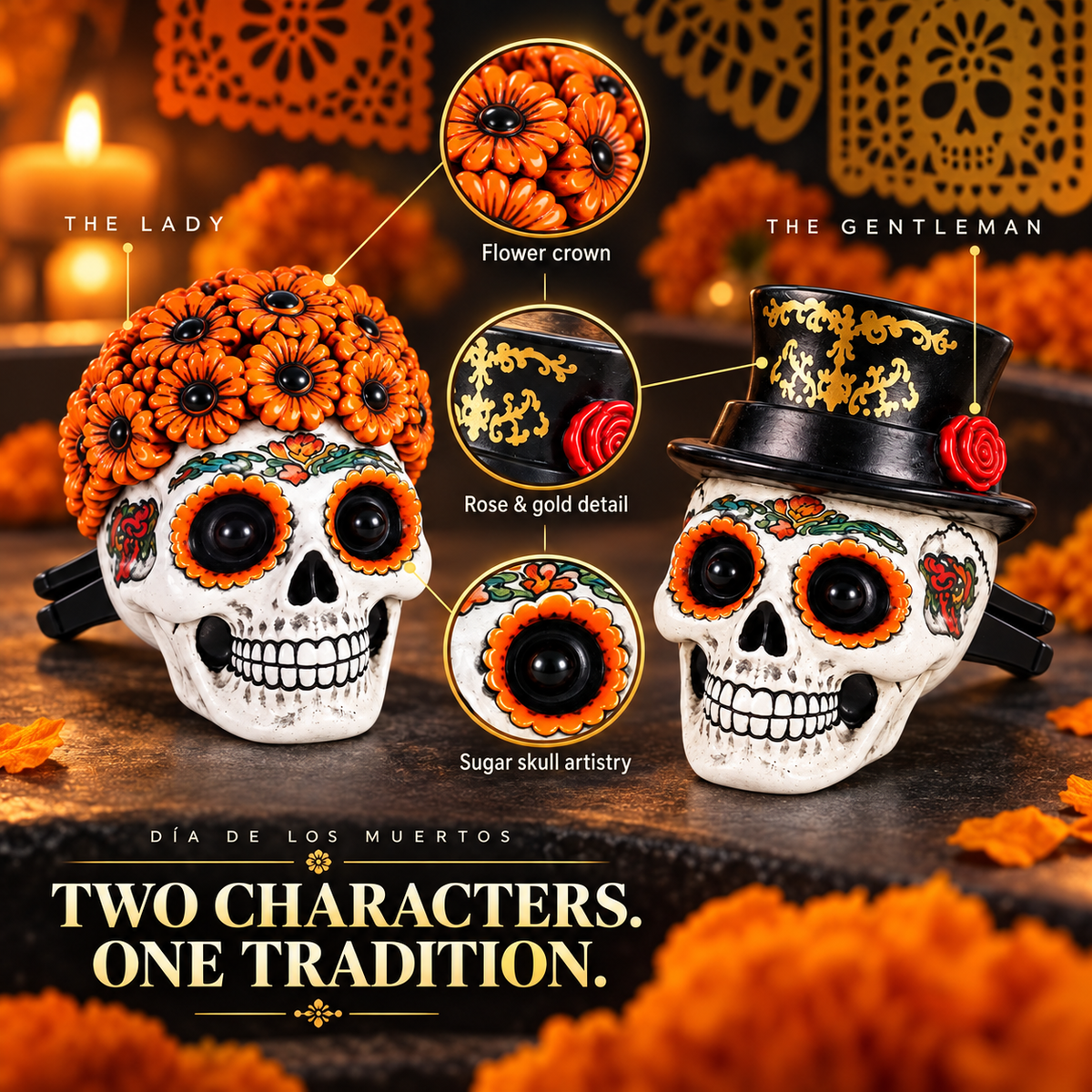 Día de los Muertos Car Vent Clip Aromatherapy | Marigold Skull Car Air Freshener - Guiding Souls Home with Warmth & Scent