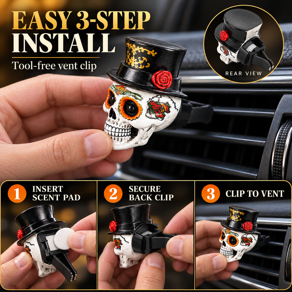 Día de los Muertos Car Vent Clip Aromatherapy | Marigold Skull Car Air Freshener - Guiding Souls Home with Warmth & Scent