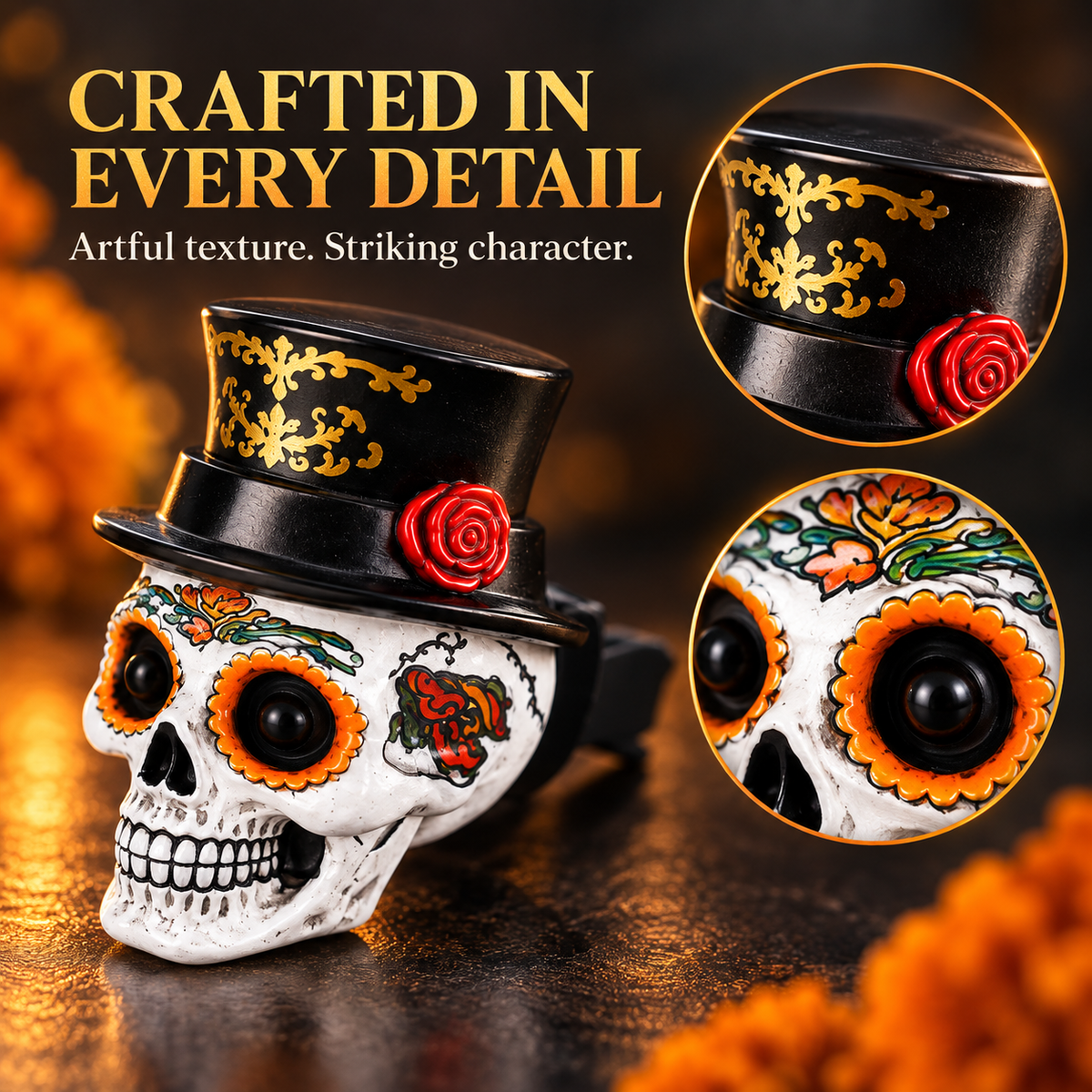Día de los Muertos Car Vent Clip Aromatherapy | Marigold Skull Car Air Freshener - Guiding Souls Home with Warmth & Scent