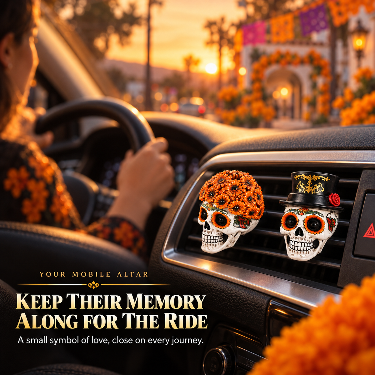 Día de los Muertos Car Vent Clip Aromatherapy | Marigold Skull Car Air Freshener - Guiding Souls Home with Warmth & Scent