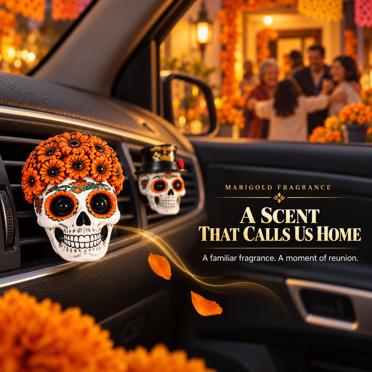 Día de los Muertos Car Vent Clip Aromatherapy | Marigold Skull Car Air Freshener - Guiding Souls Home with Warmth & Scent
