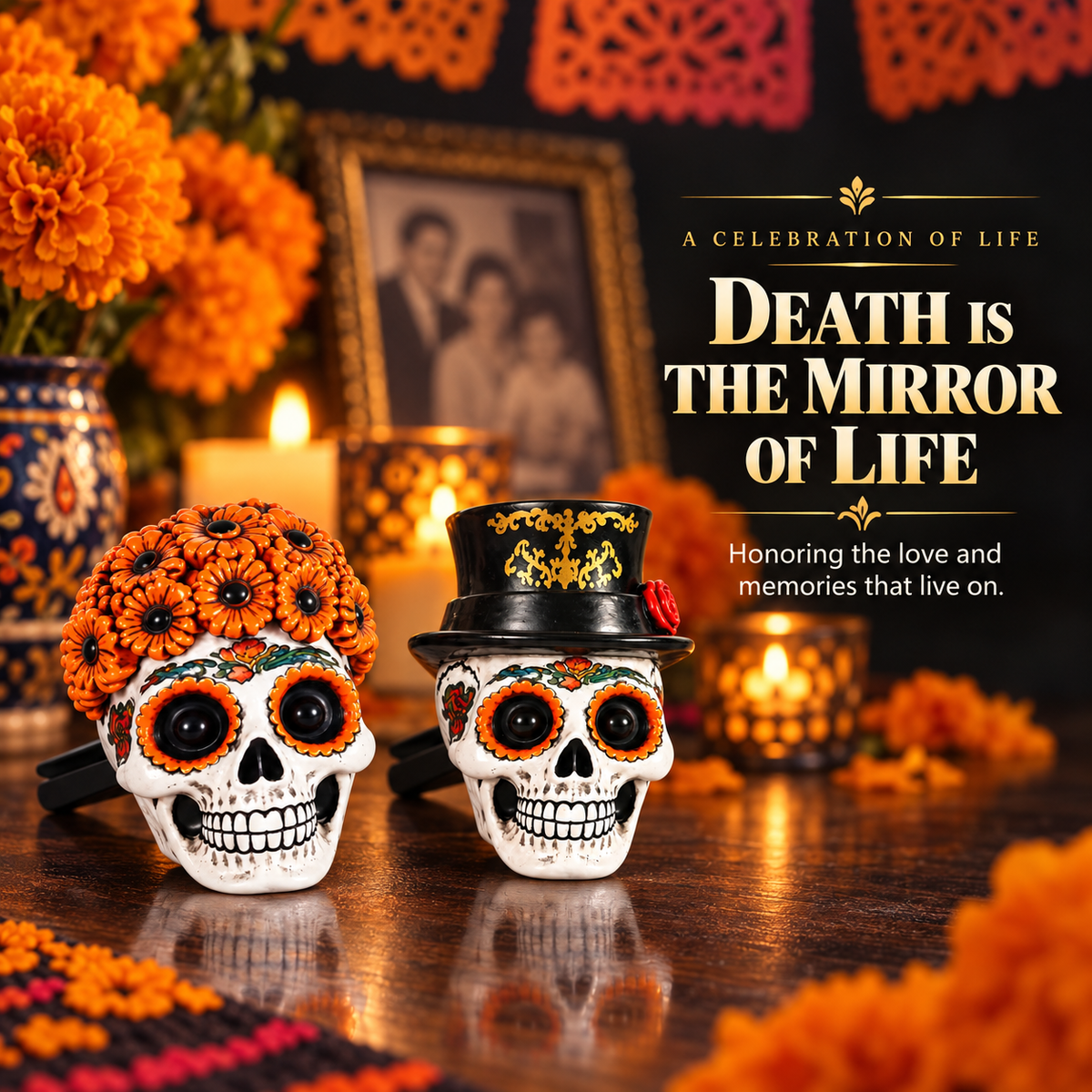Día de los Muertos Car Vent Clip Aromatherapy | Marigold Skull Car Air Freshener - Guiding Souls Home with Warmth & Scent
