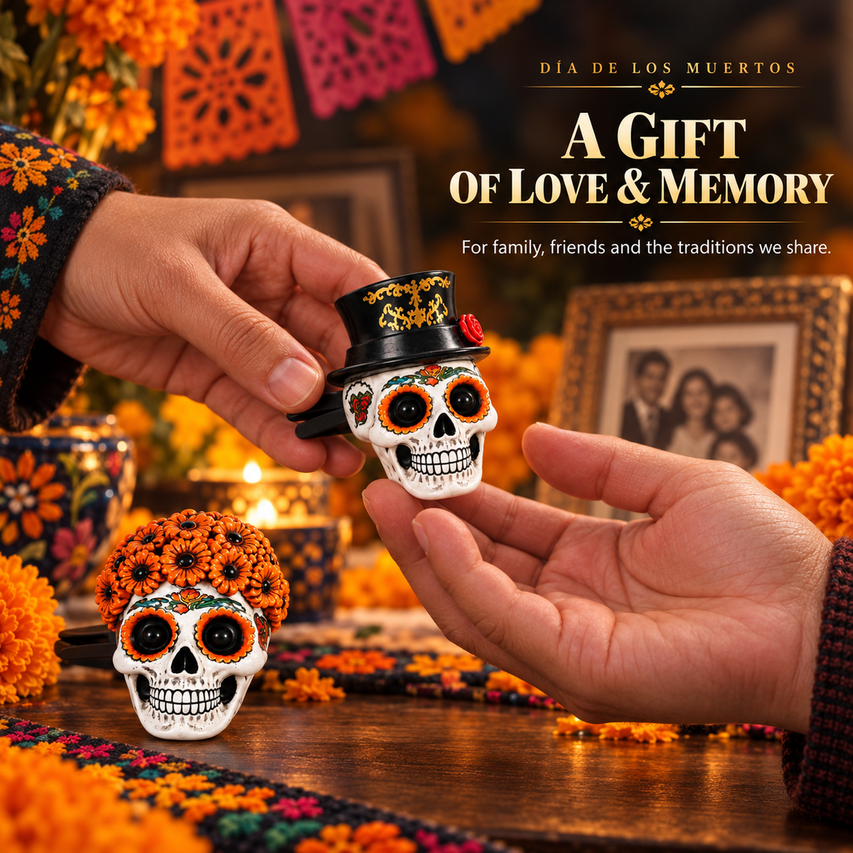 Día de los Muertos Car Vent Clip Aromatherapy | Marigold Skull Car Air Freshener - Guiding Souls Home with Warmth & Scent